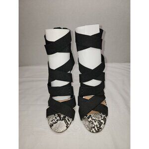 Jolimall Women's Lace Up Black and White Snakeskin Thin Heeled Peep Toe Sandal